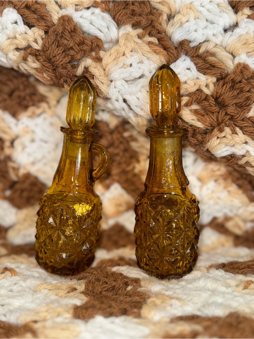 Amber Glass Cruet Set - Textured Decorative Bottles